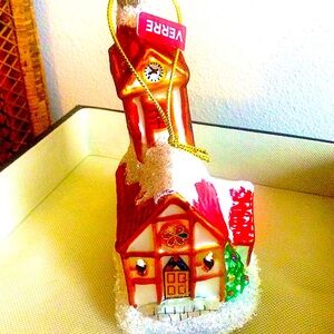 Church W/clock steeple blown glass ornament Stainglass windows Freestanding